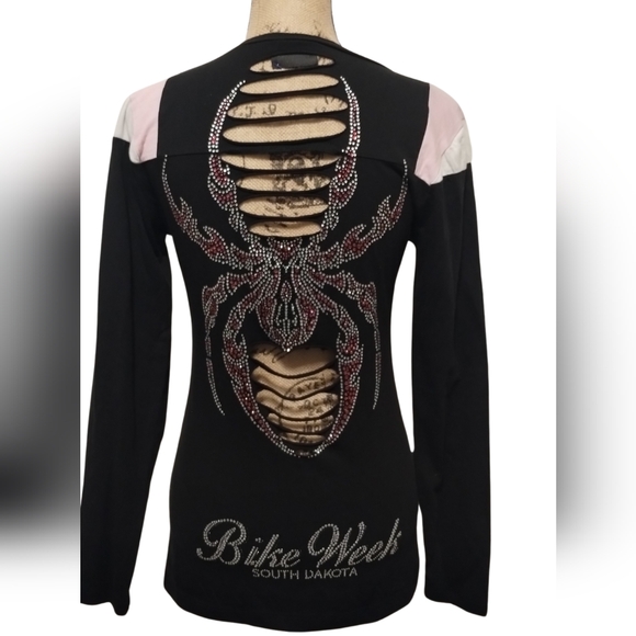 Bike Week South Dakota Spider Rhinestone Bling Long Sleeve Size L - Picture 3 of 5